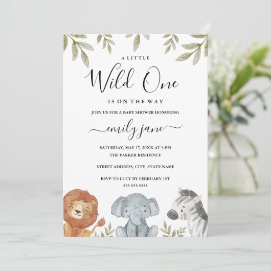 男の子サファリかわいい動物の赤ちゃんシャワー 招待状 (スタンド正面)
