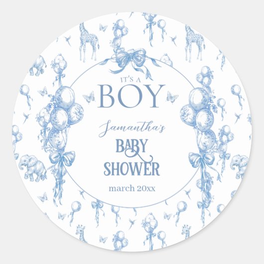 男の子サファリのアニマルブルーバルーンベビーシャワー ラウンドシール (正面)