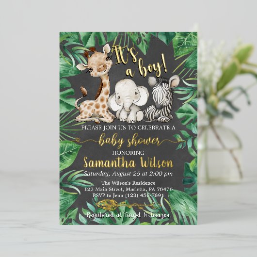 男の子サファリのワイルドベイビーシャワー実在 箔招待状 (立ち正面)