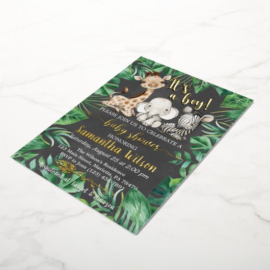 男の子サファリのワイルドベイビーシャワー実在 箔招待状 (回転した状態)
