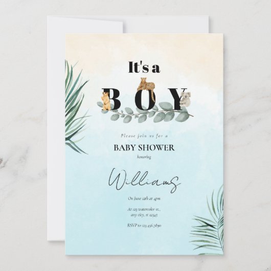 男の子サファリの動物の赤ちゃんシャワー 招待状 (正面)