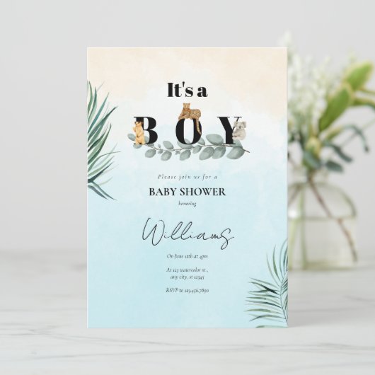 男の子サファリの動物の赤ちゃんシャワー 招待状 (スタンド正面)