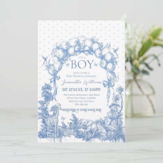 男の子サファリの動物の青いトイレベビシャワー 招待状 (スタンド正面)