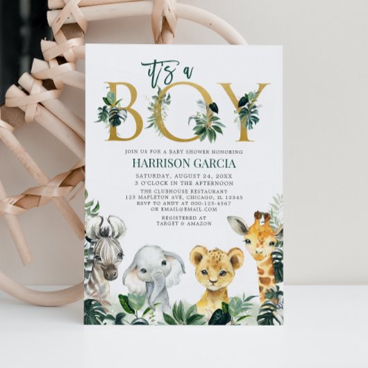 男の子サファリジャングルの動物のベビーシャワー 招待状