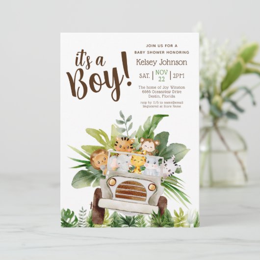 男の子サファリジャングルの動物のベビーシャワー 招待状 (スタンド正面)