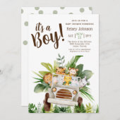 男の子サファリジャングルの動物のベビーシャワー 招待状 (正面/裏面)