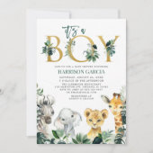 男の子サファリジャングルの動物のベビーシャワー 招待状 (正面)