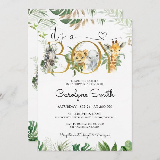 男の子サファリジャングルベビーシャワー招待状 招待状 (正面/裏面)