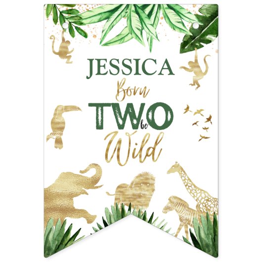 男の子サファリ動物の二野生の誕生日の写真 バンティングフラッグ (第1の旗)