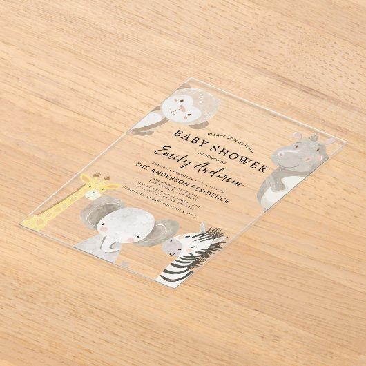男の子サファリ動物の赤ちゃんシャワー アクリル招待状 (レイダウン)