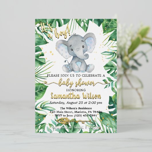 男の子サファリ象の赤ちゃんシャワー実在ホイルI 箔招待状 (立ち正面)