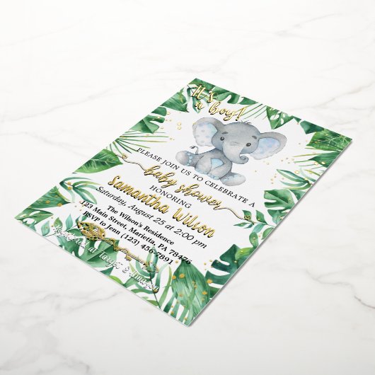 男の子サファリ象の赤ちゃんシャワー実在ホイルI 箔招待状 (回転した状態)