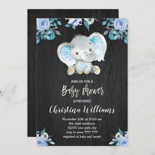 男の子シャワーブルー素朴フラワーエレファント 招待状 (正面/裏面)