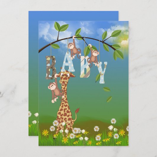 男の子シャワー用のジャングル動物 招待状 (正面/裏面)