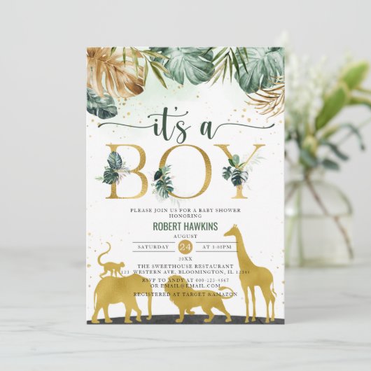 男の子ジャングルの金ゴールドサファリ動物のベビーシャワー 招待状 (スタンド正面)