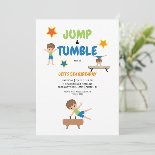 男の子ジャンプ&タンブル体操の誕生日パーティー 招待状 (スタンド正面)