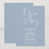 男の子スクリプト ハート ダスティーブルー 男の子ベイビーシャワー 招待状 (正面/裏面)