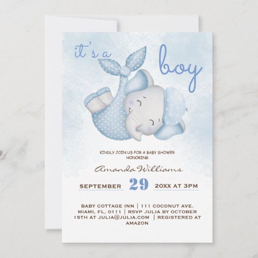 男の子ゾウの男の赤ちゃん 招待状 (正面)