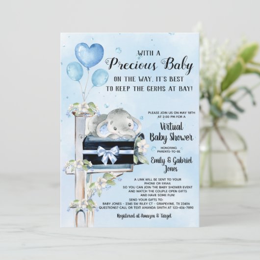 男の子ゾウはメールで赤ちゃんシャワーを受取る 招待状 (スタンド正面)