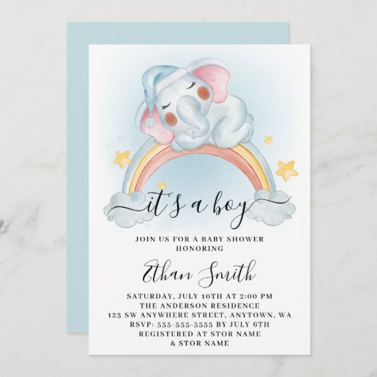 男の子ゾウ虹の水彩赤ちゃんシャワー 招待状 (正面/裏面)