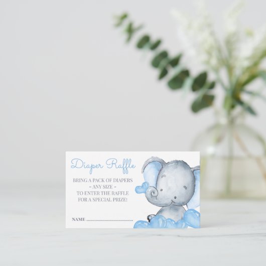 男の子ゾウ赤ちゃんシャワーおむつラッフル エンクロージャーカード (スタンド正面)
