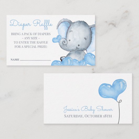 男の子ゾウ赤ちゃんシャワーおむつラッフル エンクロージャーカード (正面/裏面)