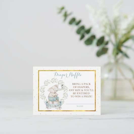 男の子ゾウ赤ちゃんシャワーおむつラッフル エンクロージャーカード (スタンド正面)