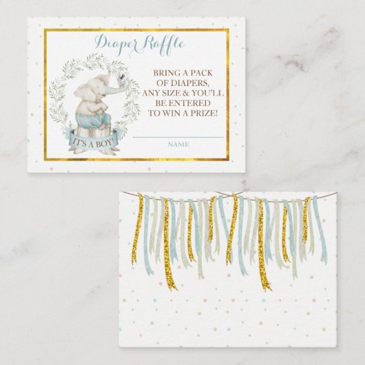 男の子ゾウ赤ちゃんシャワーおむつラッフル エンクロージャーカード (正面/裏面)