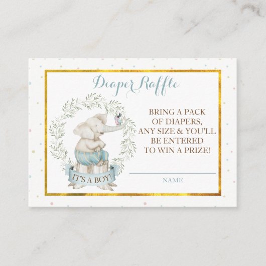 男の子ゾウ赤ちゃんシャワーおむつラッフル エンクロージャーカード (正面)