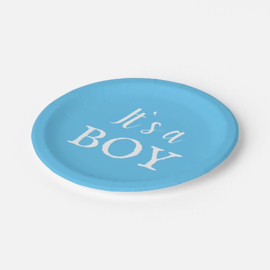男の子タイポグラフィブルー男の赤ちゃんベイビーシャワー ペーパープレート (アングル)