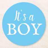 男の子タイポグラフィブルー男の赤ちゃんベイビーシャワー ラウンドペーパーコースター (正面)
