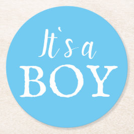 男の子タイポグラフィブルー男の赤ちゃんベイビーシャワー ラウンドペーパーコースター