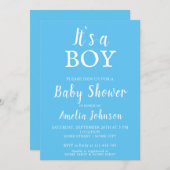 男の子タイポグラフィブルー男の赤ちゃんベイビーシャワー 招待状 (正面/裏面)
