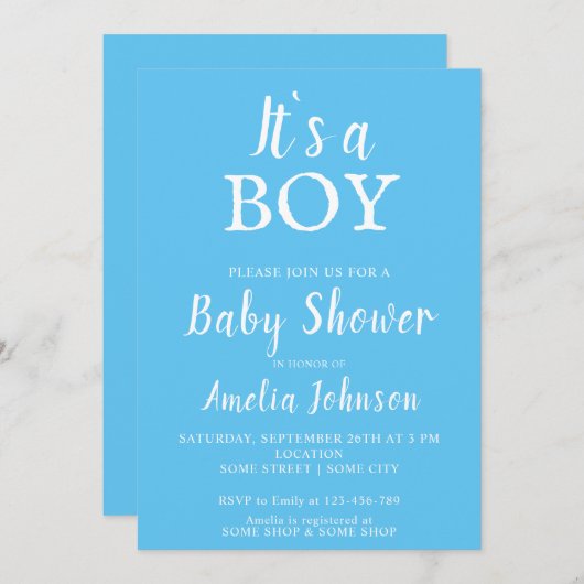 男の子タイポグラフィブルー男の赤ちゃんベイビーシャワー 招待状 (正面/裏面)