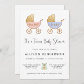 男の子ツインズキャリッジ水色ベビーシャワー 招待状 (正面/裏面)