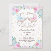 男の子ツインズピンクブルーベビーカー赤ちゃんシャワー 招待状 (正面)