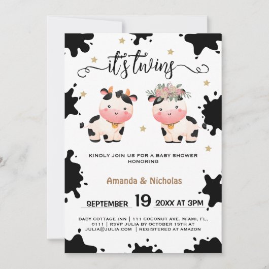 男の子ツインズホーリーカウテーマの赤ちゃんシャワー 招待状 (正面)