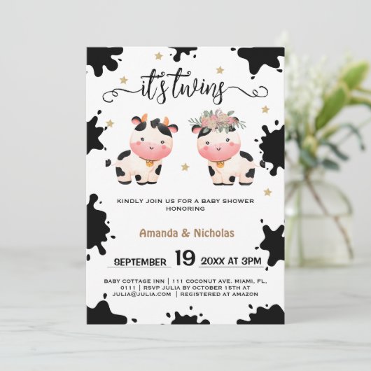 男の子ツインズホーリーカウテーマの赤ちゃんシャワー 招待状 (スタンド正面)