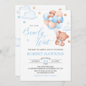 男の子テディベアバルーンビー待ちベイビーシャワー 招待状 (正面/裏面)
