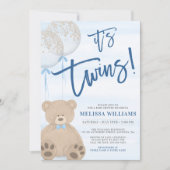 男の子テディベアブルーバルーンツインベビーシャワー 招待状 (正面)