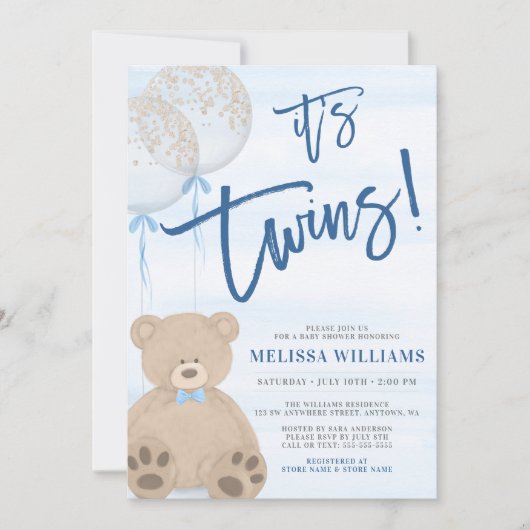 男の子テディベアブルーバルーンツインベビーシャワー 招待状 (正面)