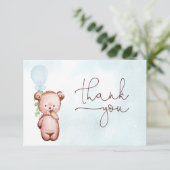 男の子テディベアブルーバルーンベビーシャワー サンキューカード (スタンド正面)