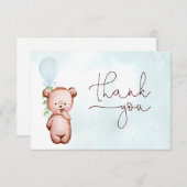 男の子テディベアブルーバルーンベビーシャワー サンキューカード (正面/裏面)