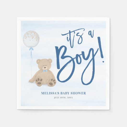 男の子テディベアブルーバルーンベビーシャワー スタンダードカクテルナプキン (正面)