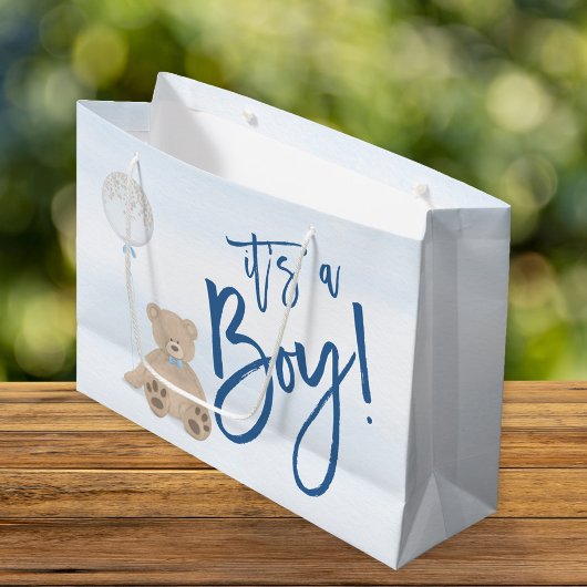 男の子テディベアブルーバルーンベビーシャワー ラージペーパーバッグ