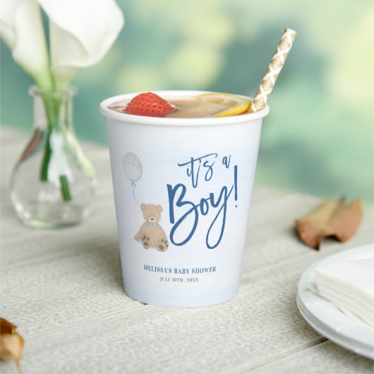 男の子テディベアブルーバルーンベビーシャワー 紙コップ (インサイチュ)