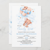 男の子テディベアブルーバルーン赤ちゃんシャワー 招待状 (正面/裏面)