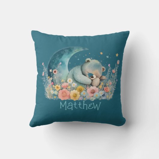 男の子テディベアーワイルドフラワームーンパーソナライズされた クッション (裏面)