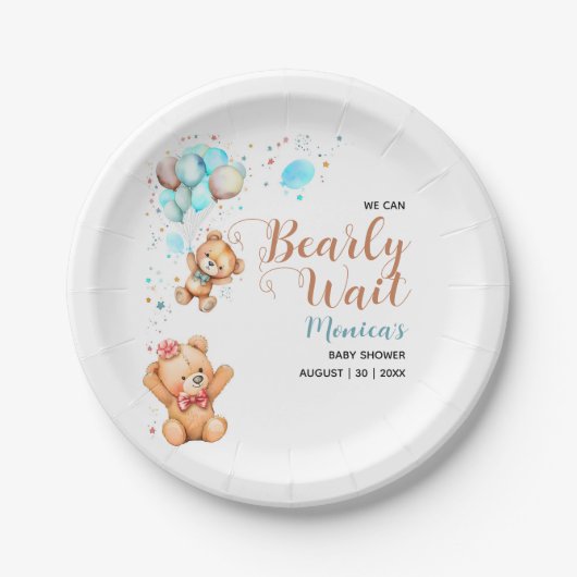 男の子テディベア我々は赤ちゃんシャワーを待つことができる ペーパープレート (正面)