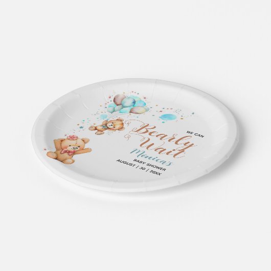男の子テディベア我々は赤ちゃんシャワーを待つことができる ペーパープレート (アングル)